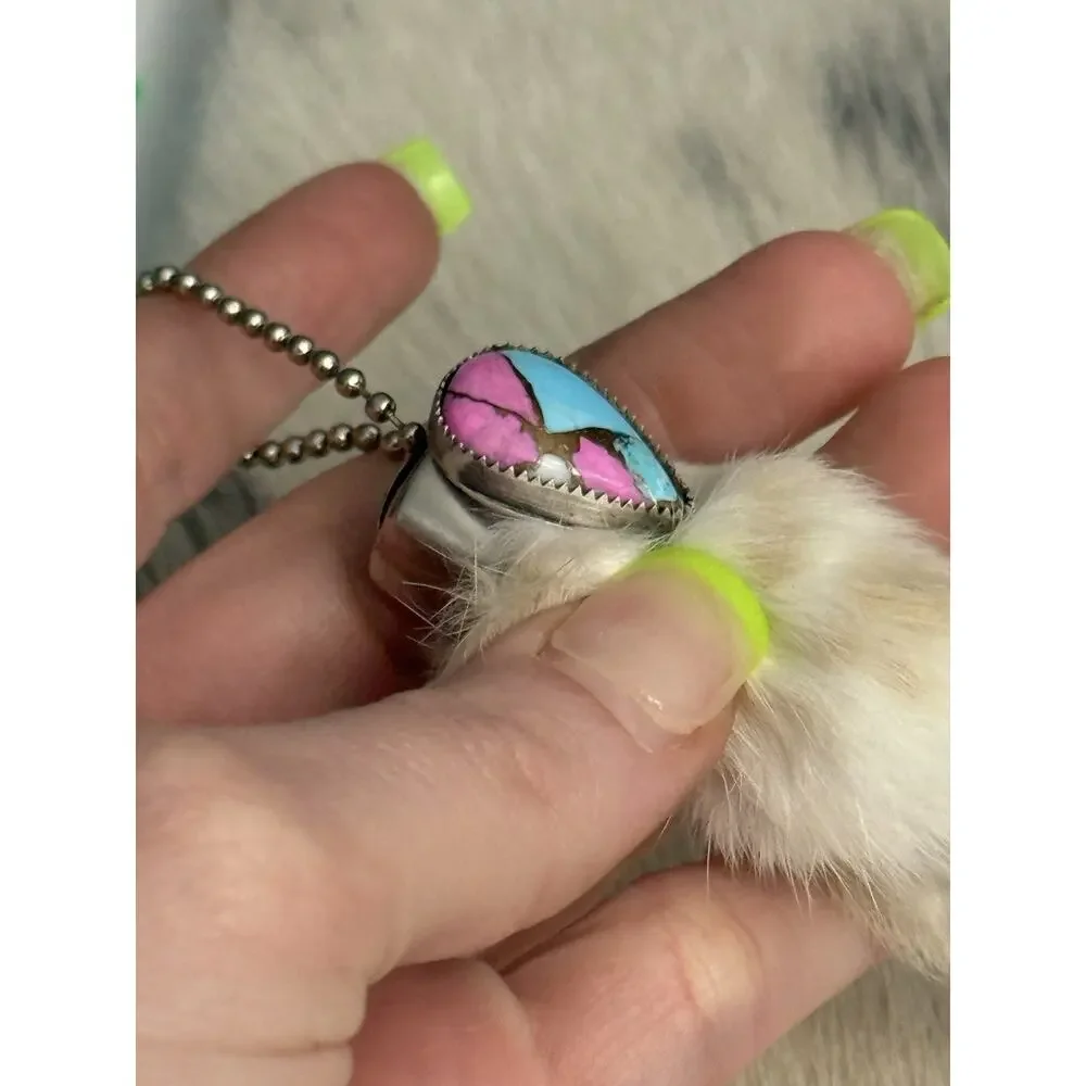 Sterling Silver Pink Blue Cotton Candy Bezel Rabbits Foot Keychain Pendant 925